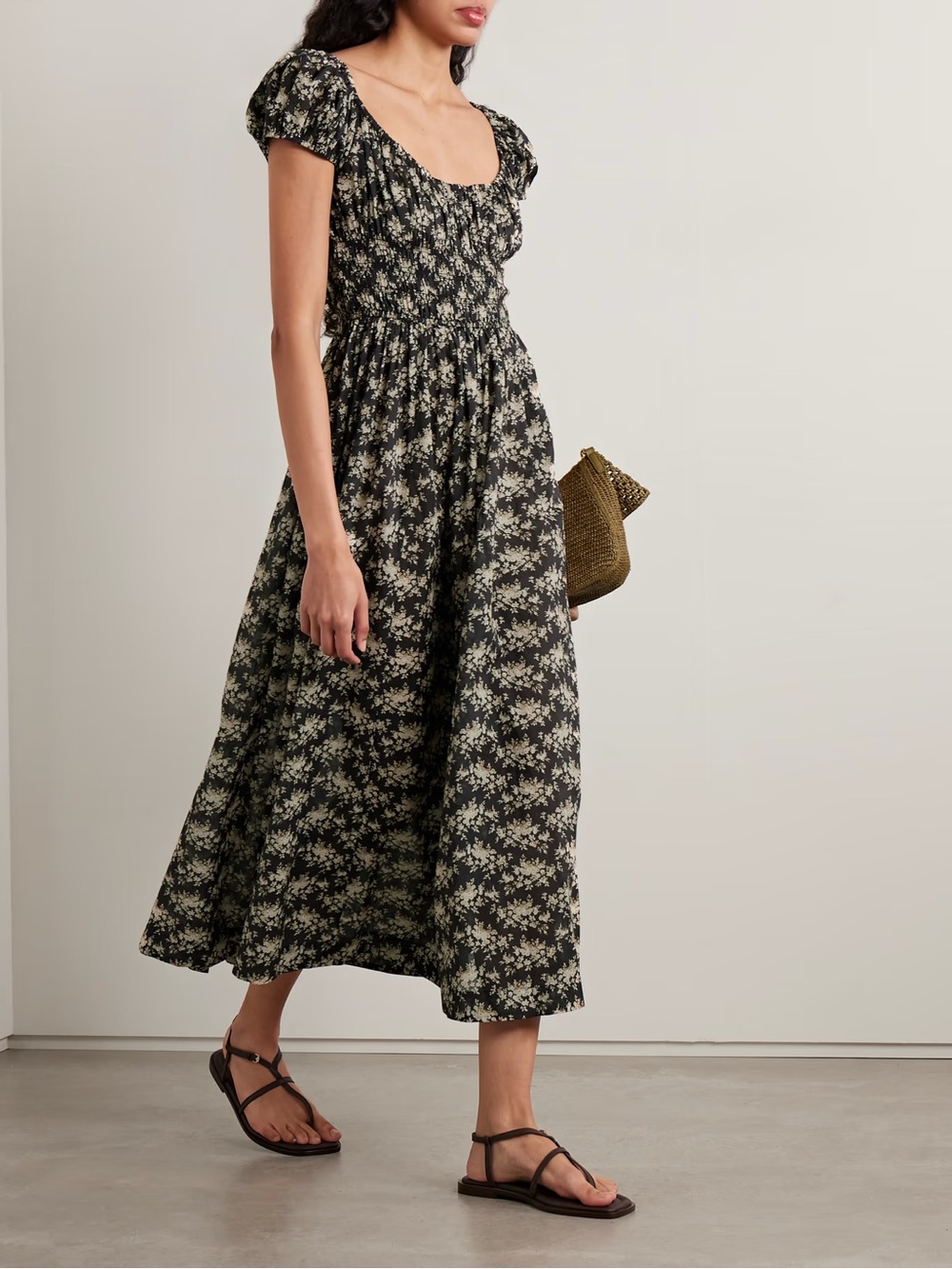 NWT! DÔEN Quinley Shirred Black Floral Cotton Voile Midi Dress / Medium 🌼 - Picture 2 of 8